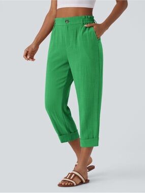 HALARA High Waisted Zipper Pocket Cropped Linen-Feel Pants